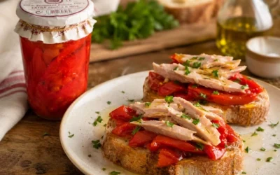 Tosta de pimientos dulces asados a la leña con ventresca