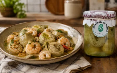 Alcachofas de Tudela con gambas al ajillo